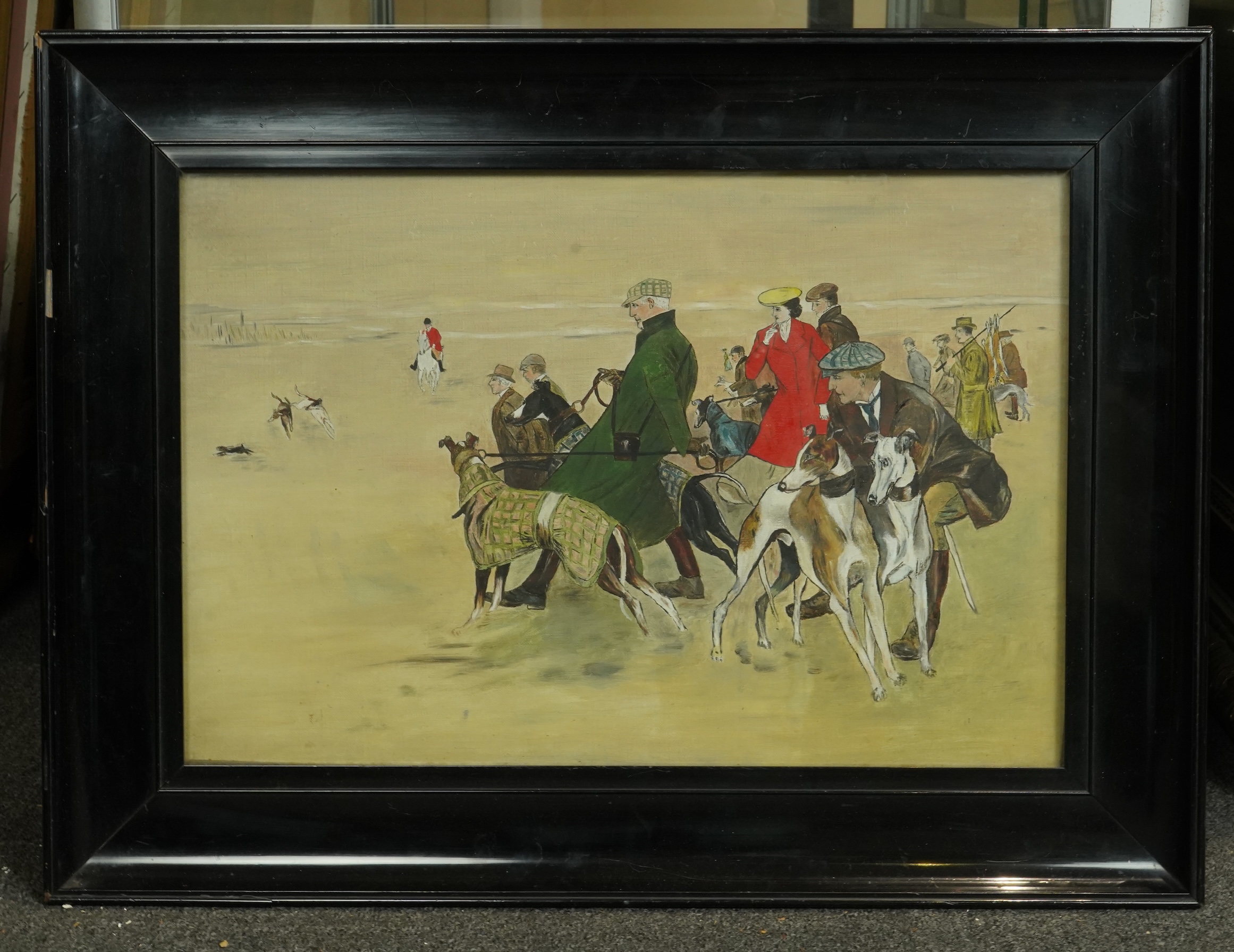 After Cecil Aldin (English, 1870-1935), The Waterloo Cup, oil on canvas, 32 x 47cm